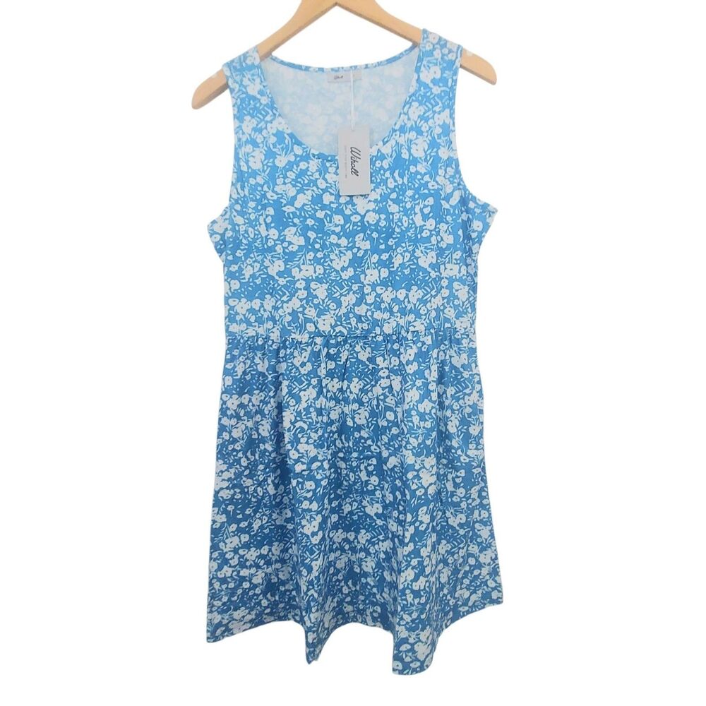 Wiholl Sleeveless Sundress Summer Dress Blue Large Pockets Gatherered Waist